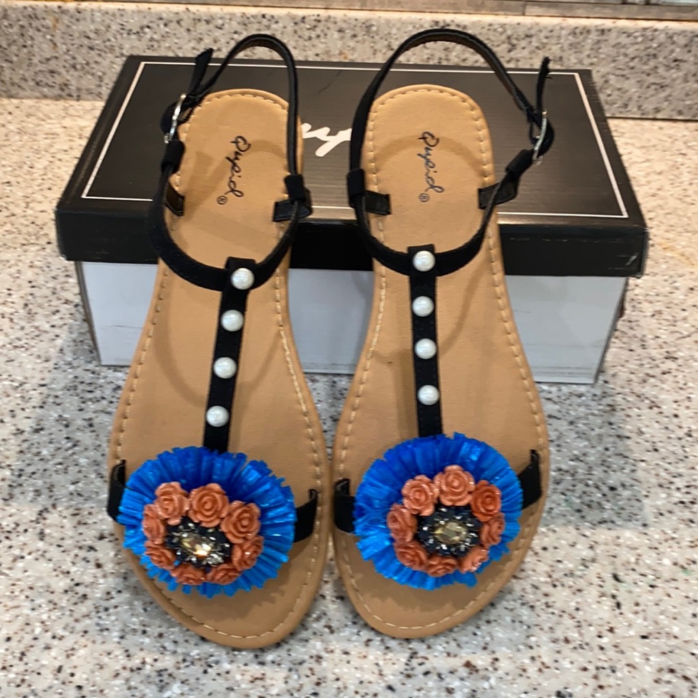 Sandals…Black with blue flower